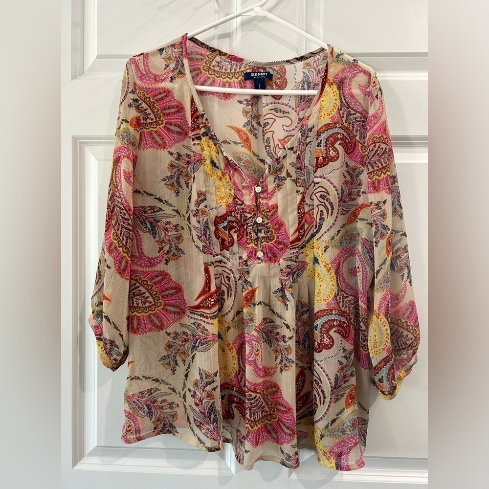 Women's Sheer Floral Boho Blouse Hippie Balloon Sleeve V-Neck Pleated Size L
